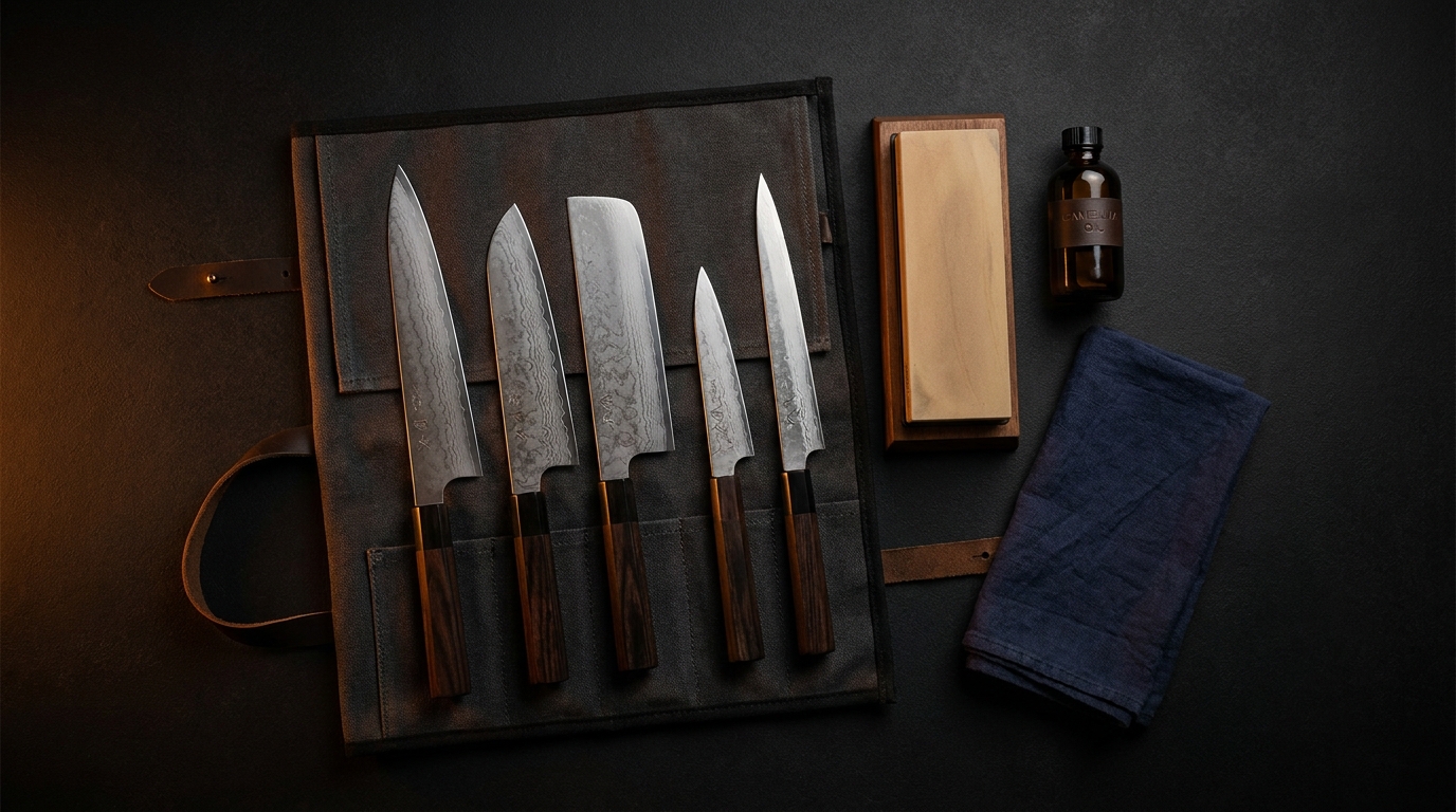 Knife collection flat-lay